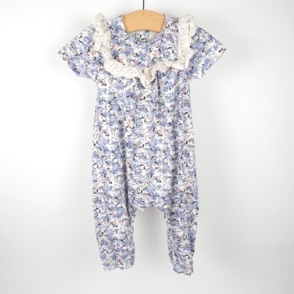 Jessica Simpson Romper Baby 3-6M Blue Floral Lace Ruffle Boho